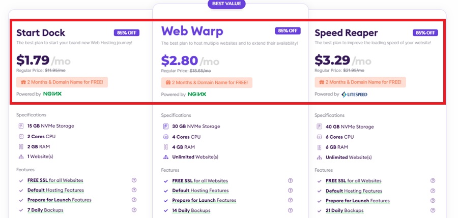 Hostarmada shared hosting plan